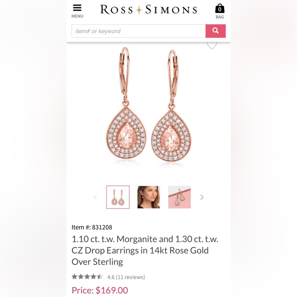 Ross + Simons Rose Gold Drop Earrings (Morganite & CZ)